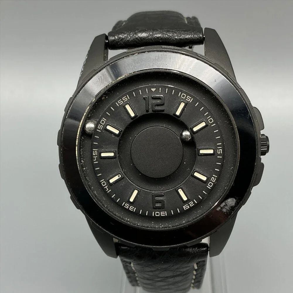 EUTOUR Mens Watch 40mm Black Dial Black Leather Magnetic Ball New Battery